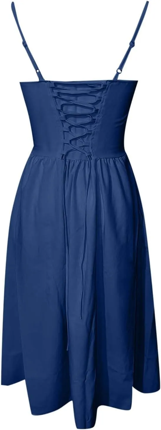 Womens Corset Dress Spaghetti Strap Bustier Midi Dress Sexy Party Dress Flowy Pleated Hem Low Cut Prom Dresses