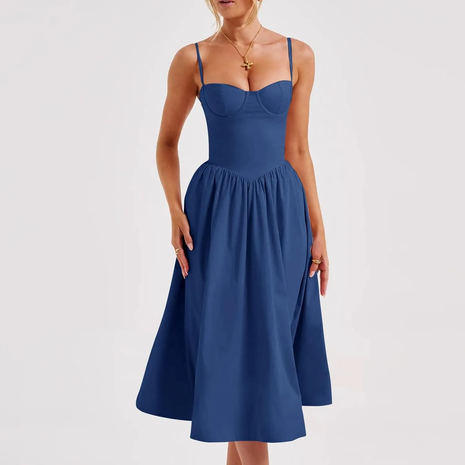 Womens Corset Dress Spaghetti Strap Bustier Midi Dress Sexy Party Dress Flowy Pleated Hem Low Cut Prom Dresses