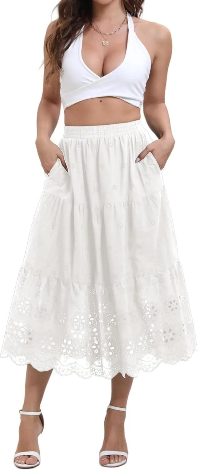 Women's High Waist A-Line Vintage Embroideried Lace Midi Skirt 2025 Vacation Casual Beach Boho Summer Skirts