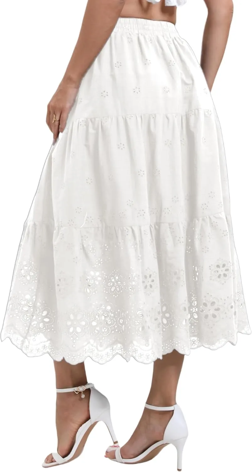 Women's High Waist A-Line Vintage Embroideried Lace Midi Skirt 2025 Vacation Casual Beach Boho Summer Skirts