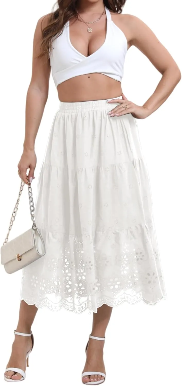 Women's High Waist A-Line Vintage Embroideried Lace Midi Skirt 2025 Vacation Casual Beach Boho Summer Skirts