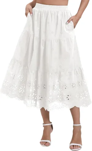 Women's High Waist A-Line Vintage Embroideried Lace Midi Skirt 2025 Vacation Casual Beach Boho Summer Skirts