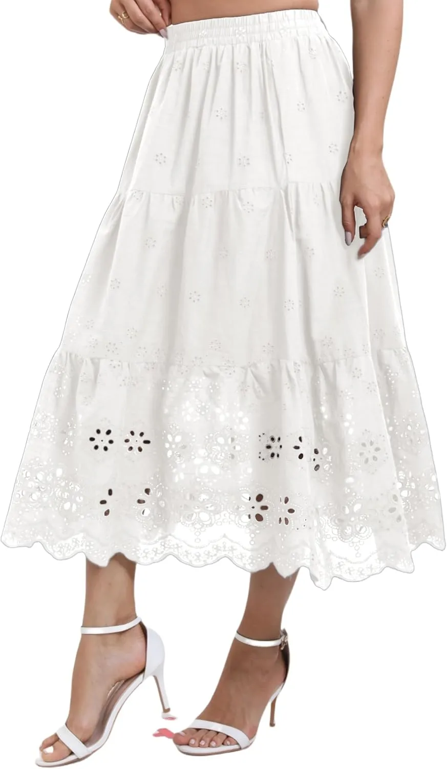 Women's High Waist A-Line Vintage Embroideried Lace Midi Skirt 2025 Vacation Casual Beach Boho Summer Skirts