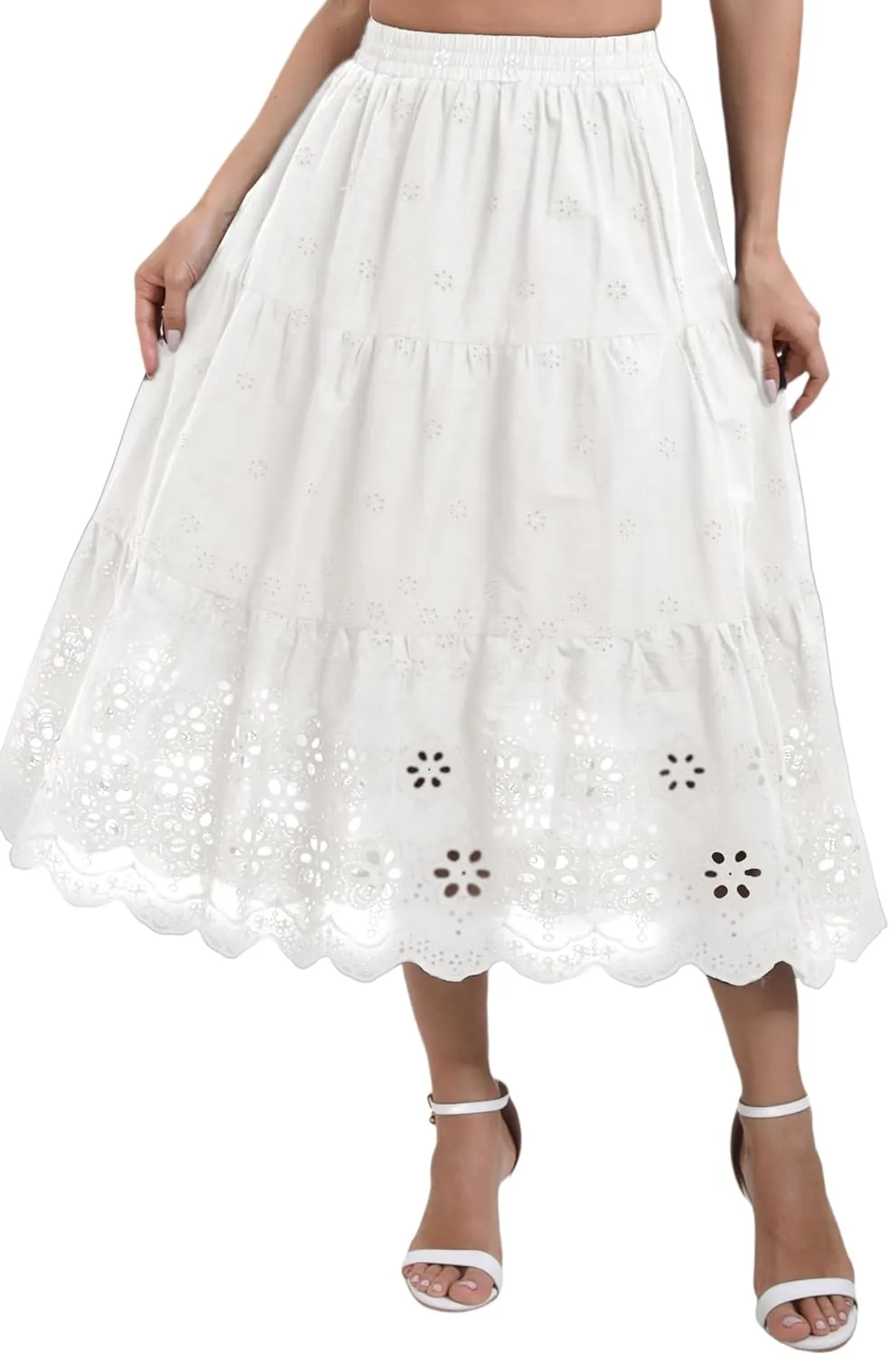 Women's High Waist A-Line Vintage Embroideried Lace Midi Skirt 2025 Vacation Casual Beach Boho Summer Skirts