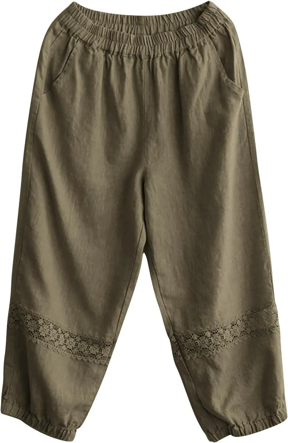 Women's Linen Capris Summer Lightweight Elastic Waist Harem Pants Baggy Lace Patchwork Cropped Trousers with Pockets
