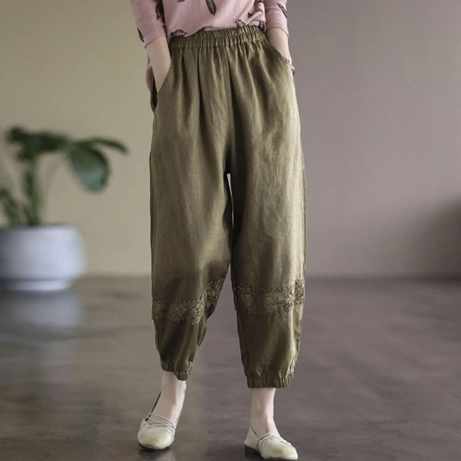 Women's Linen Capris Summer Lightweight Elastic Waist Harem Pants Baggy Lace Patchwork Cropped Trousers with Pockets