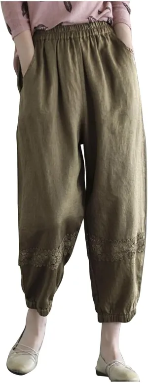 Women's Linen Capris Summer Lightweight Elastic Waist Harem Pants Baggy Lace Patchwork Cropped Trousers with Pockets