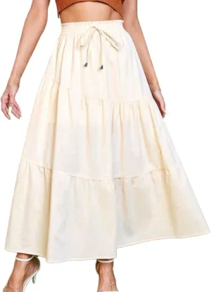 Women's Skirts High Waist Solid Color Half Skirt Long Skirt Women Self Belted Beach Maxi Skirts Pleated Cheer