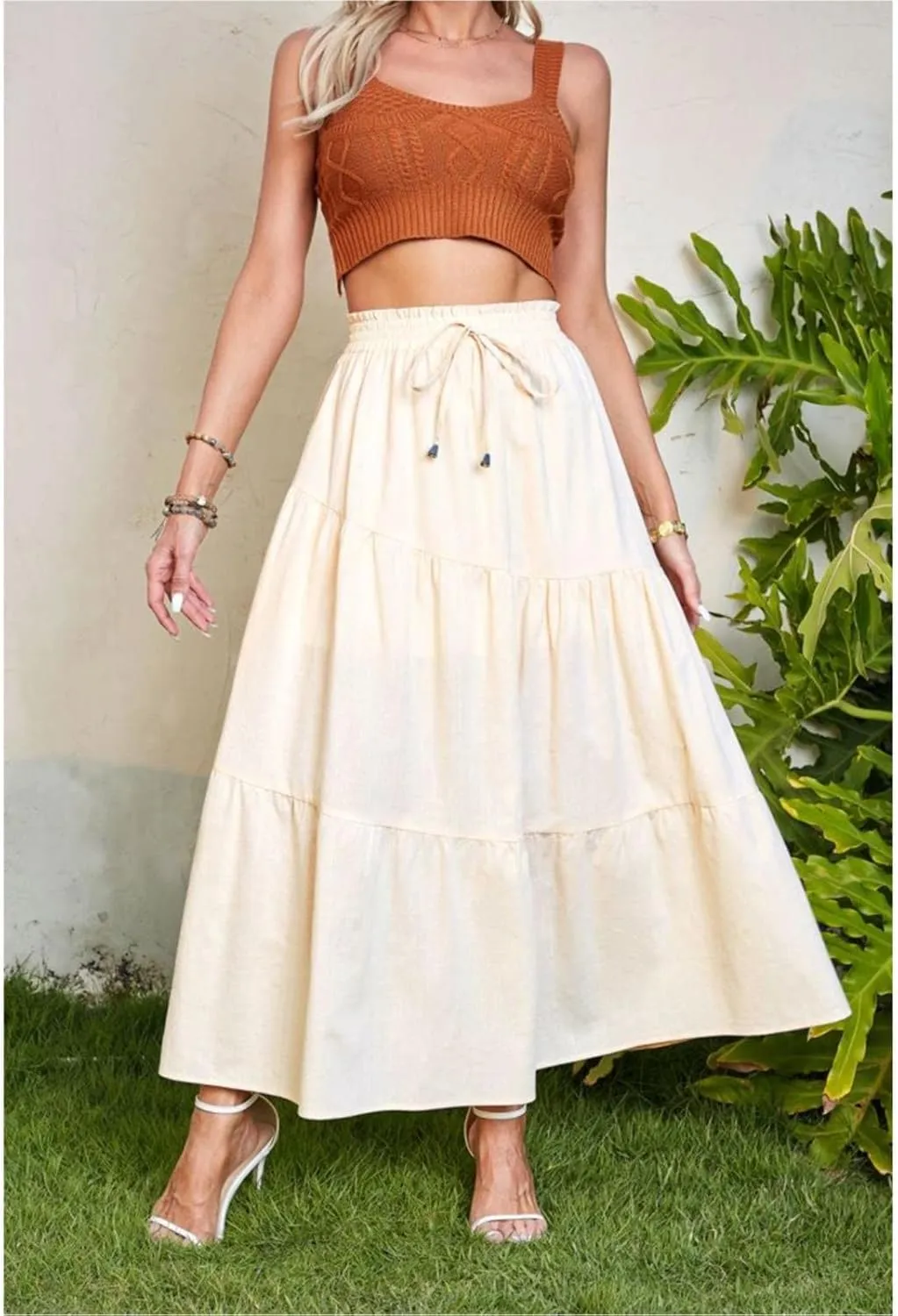 Women's Skirts High Waist Solid Color Half Skirt Long Skirt Women Self Belted Beach Maxi Skirts Pleated Cheer
