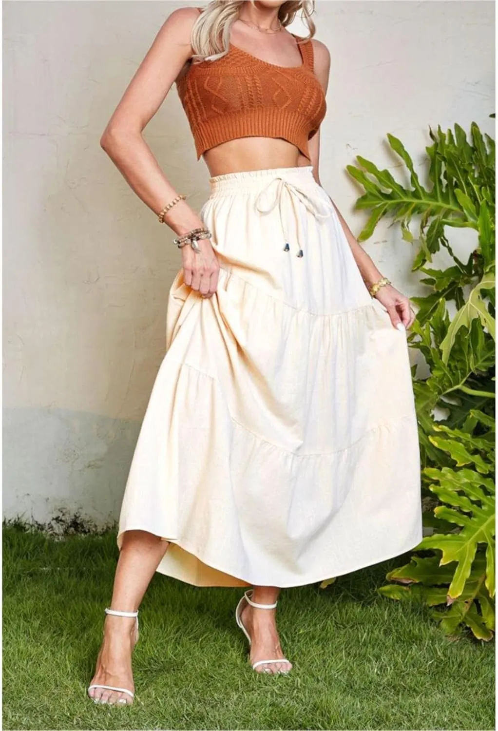 Women's Skirts High Waist Solid Color Half Skirt Long Skirt Women Self Belted Beach Maxi Skirts Pleated Cheer