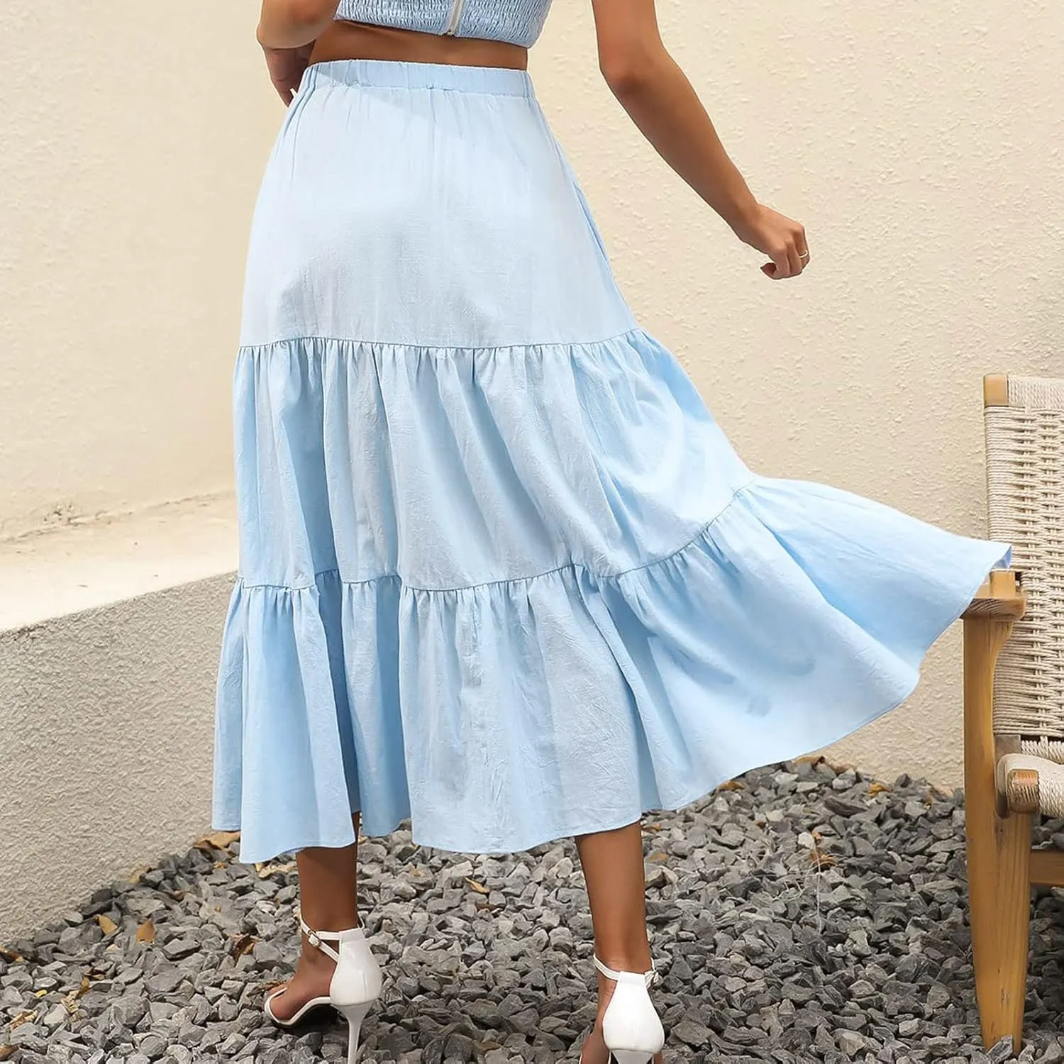 Women's Solid Color Long Skirt Elastic High Waist Pleated Maxi Skirt A Line Flowy Swing Tiered Beach Skirt