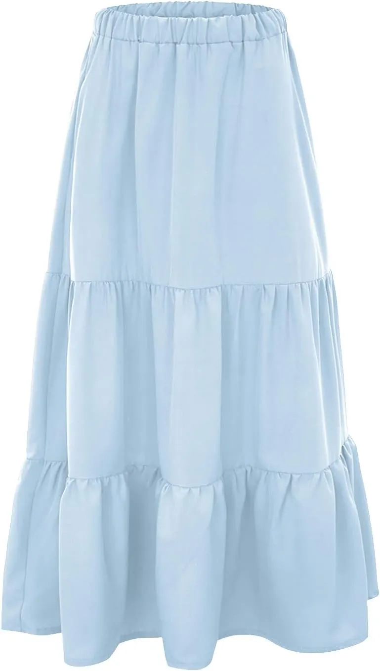 Women's Solid Color Long Skirt Elastic High Waist Pleated Maxi Skirt A Line Flowy Swing Tiered Beach Skirt