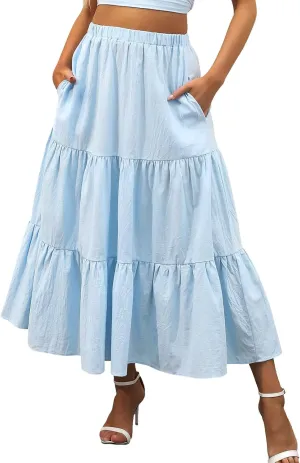 Women's Solid Color Long Skirt Elastic High Waist Pleated Maxi Skirt A Line Flowy Swing Tiered Beach Skirt
