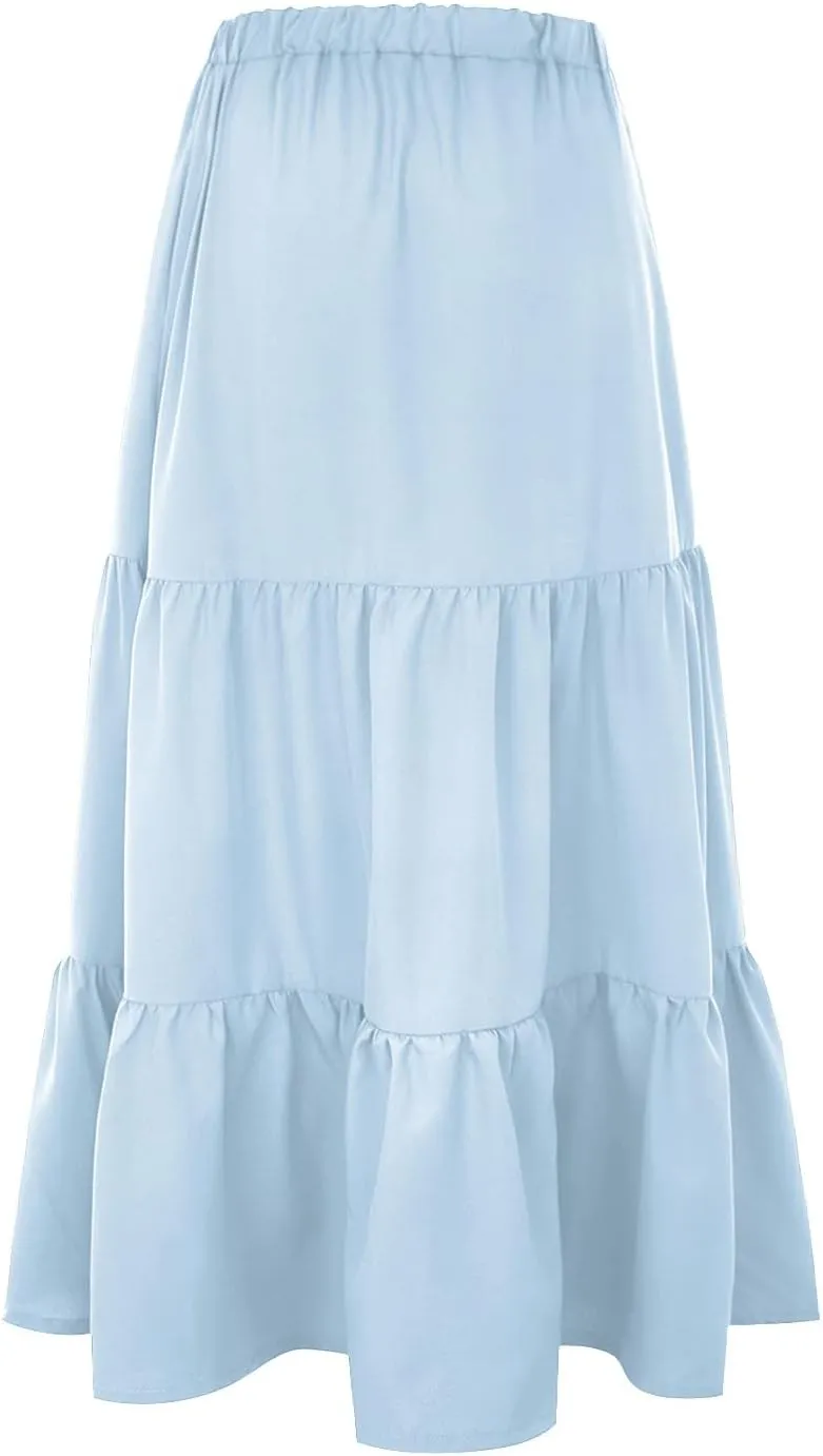 Women's Solid Color Long Skirt Elastic High Waist Pleated Maxi Skirt A Line Flowy Swing Tiered Beach Skirt