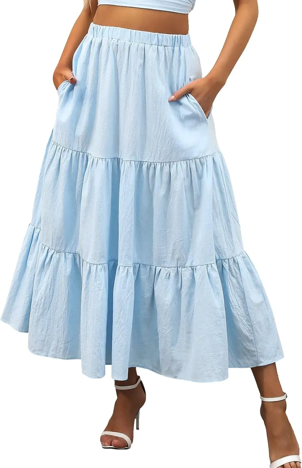 Women's Solid Color Long Skirt Elastic High Waist Pleated Maxi Skirt A Line Flowy Swing Tiered Beach Skirt