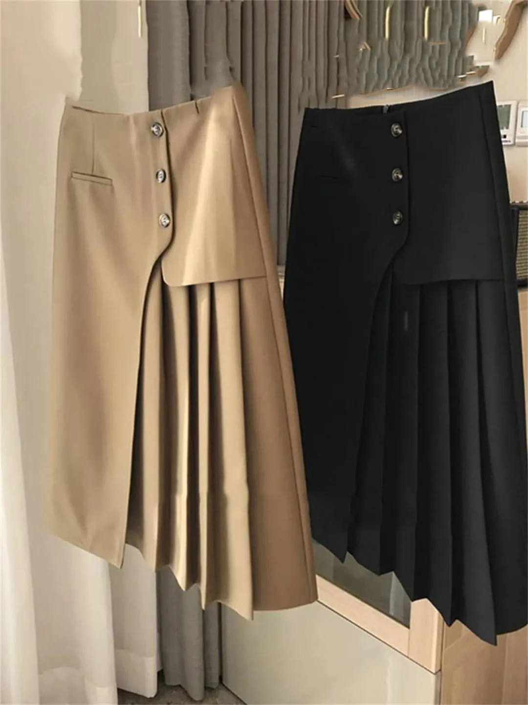 Women's Summer High Waisted Midi Skirt Solid Color A-Line Asymmetric Pleated Skirt
