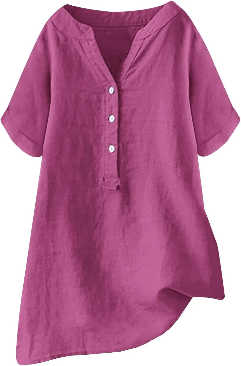 Womens Summer Linen Shirts Plus Size Casual Gauze Tops Cotton Henley Short Sleeve Blouses Button V Neck Tunic Tshirt
